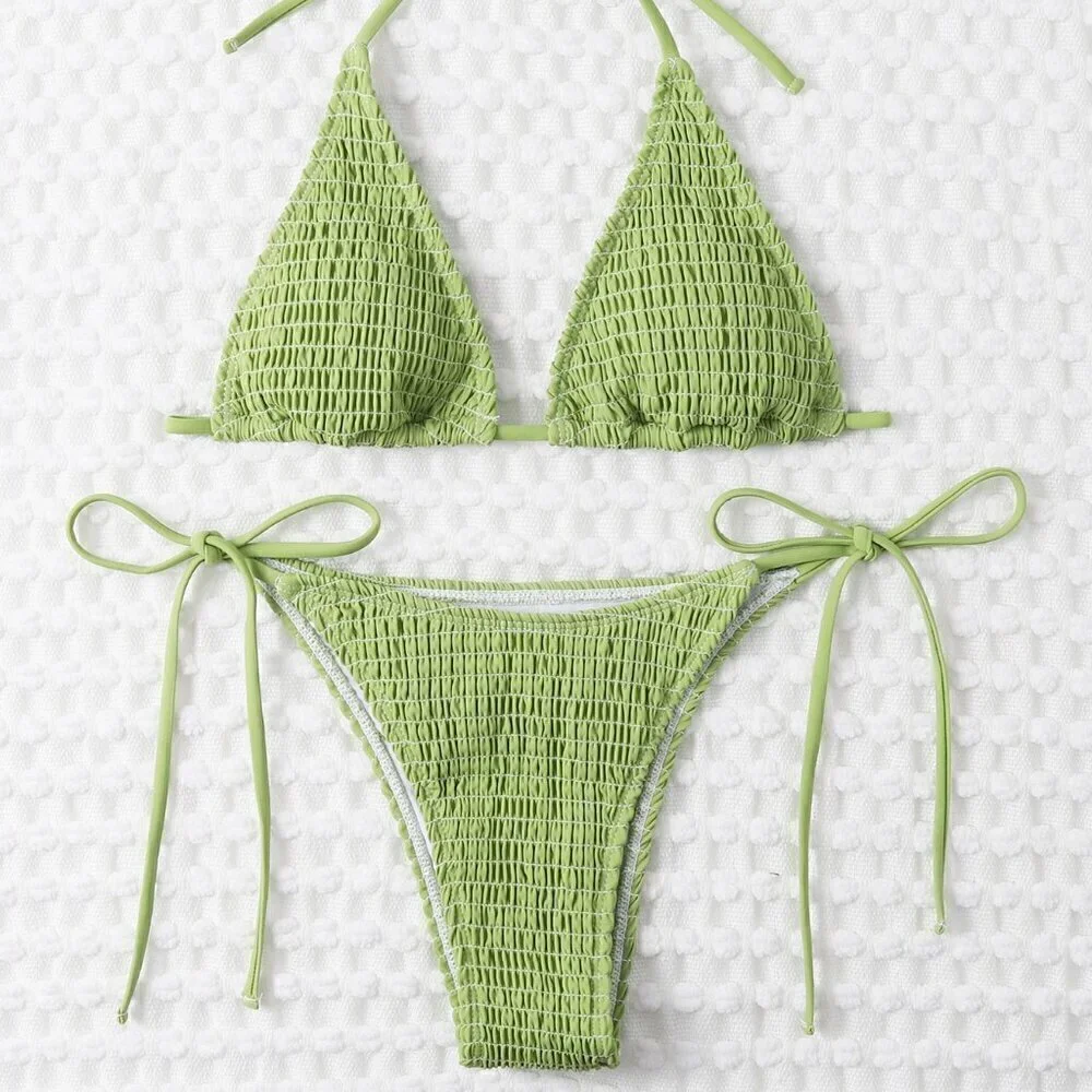 Olive Green Sexy Women's Summer Beach Mono Bikini Set Smocked Micro Triangle Bra